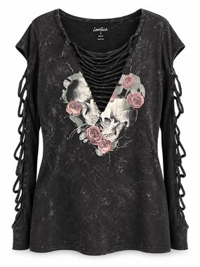 Torrid LoveSick Skull Roses Slasher Tee Size 1 1X Goth Cutout Black